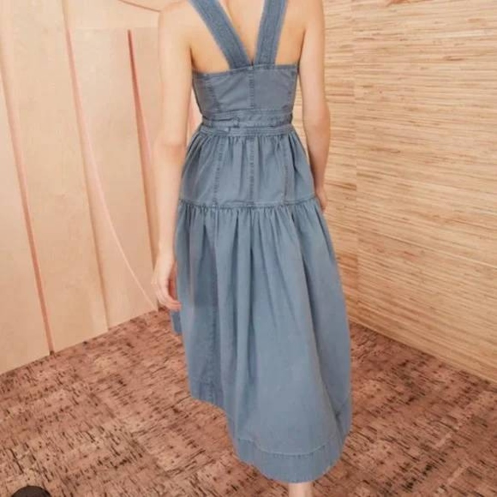Ulla Johnson Enzo Denim Dress Blue Cotton Tiered Midi Sweetheart Neck Size 4 - Picture 2 of 15